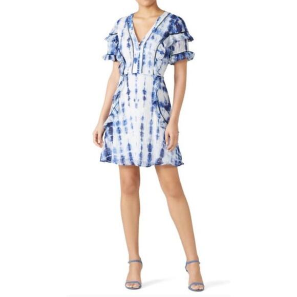TANYA TAYLOR Women's Rhett Blue White Tie Dye Ruffle Trim Mini Dress Size 4 - Picture 1 of 9